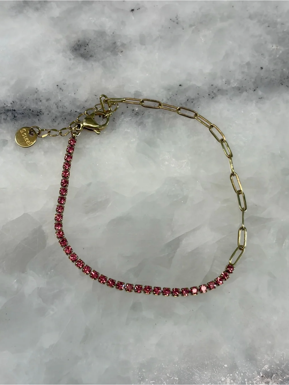 Gold Stainless Steel Pink Crystal Tennis Bracelet